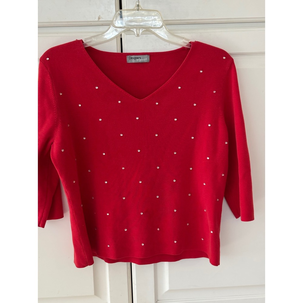 Designers‎ Originals Red V-Neck Rhinestone Embellished 3/4 Sleeve Knit Sweater